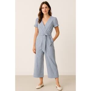 J.Crew Navy White Striped Ruffle Sleeve Cotton Poplin Wrap Jumpsuit Women’s 2